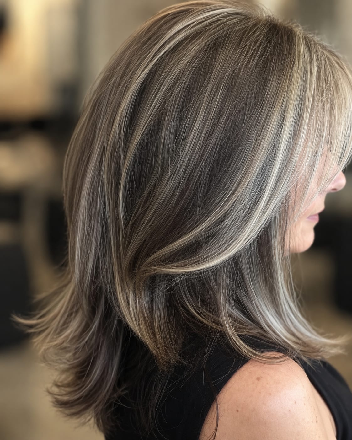 A side profile of layered, shoulder-length hair with silver blended softly through warm brown